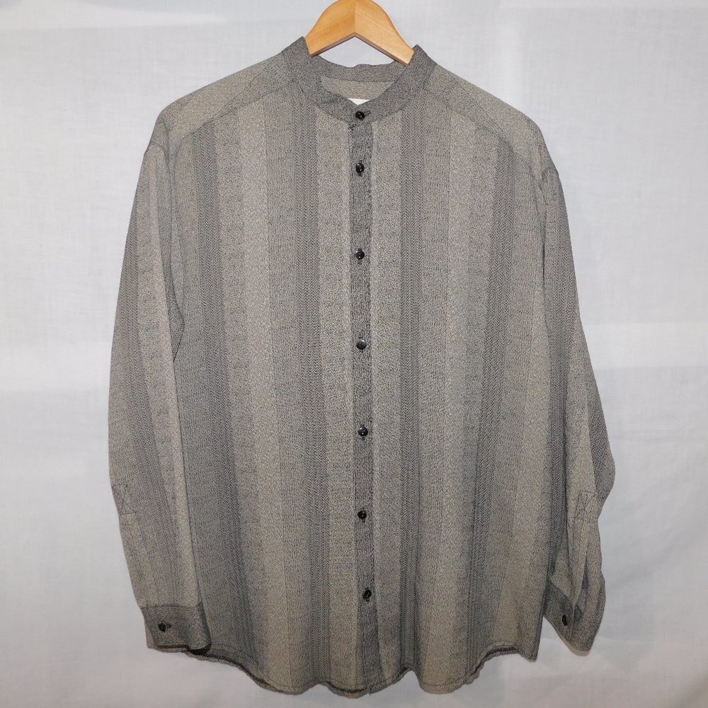 VTG Le Chateau Gray Black Mandarin Collar Button Front Shirt Mens M